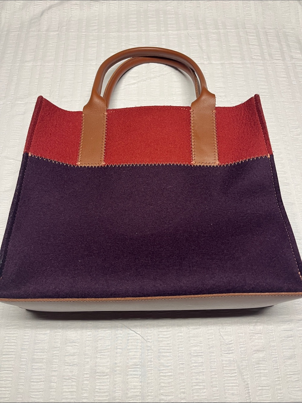 Graf Lantz merino wool tote bag. Purple-red- leather trim. Very good condition